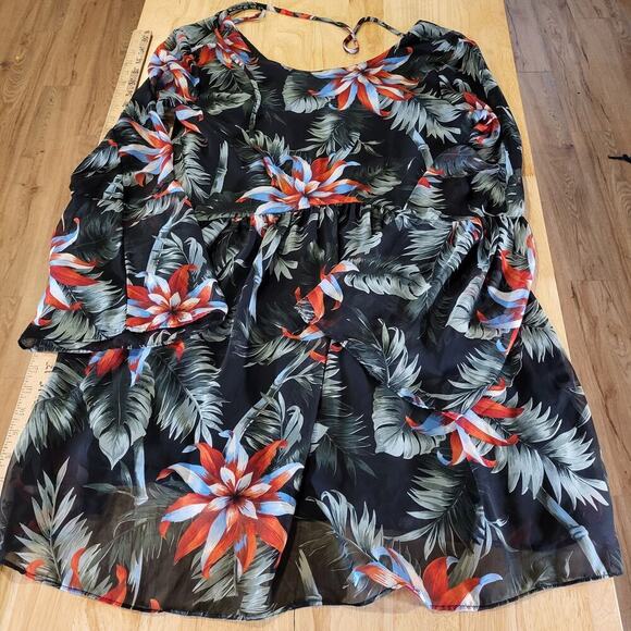 Aura Large Botanical Print Flowy Knee Length Dress Tie Back Empire Lined Sleeve - Picture 1 of 12